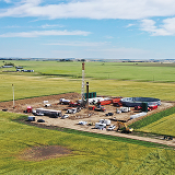 Arial shot of the E3 Lithium processing site surrounded by grassy plains